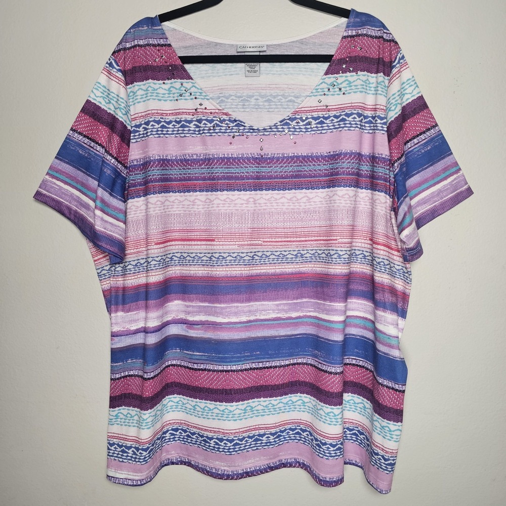 Catherines Womens 2X Purple Geometric Striped Shirt Studded Neckline Accent‎ Top
